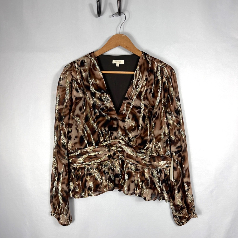 Parker Peplum Blouse Womens L Brown NEW Metallic Animal Print V-Neck Lurex Top